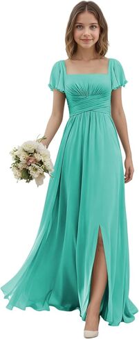 Junior Bridesmaid Dresses with Sleeves for Teen Girls Square Neck Chiffon Kids Formal Dress for Wedding Guest in Saudi Arabia