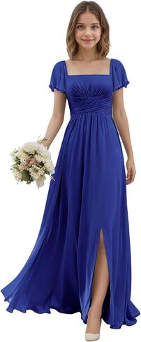 Junior Bridesmaid Dresses with Sleeves for Teen Girls Square Neck Chiffon Kids Formal Dress for Wedding Guest in Saudi Arabia
