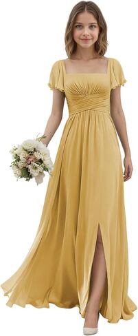 Junior Bridesmaid Dresses with Sleeves for Teen Girls Square Neck Chiffon Kids Formal Dress for Wedding Guest in Saudi Arabia