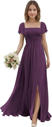 Junior Bridesmaid Dresses with Sleeves for Teen Girls Square Neck Chiffon Kids Formal Dress for Wedding Guest in Saudi Arabia