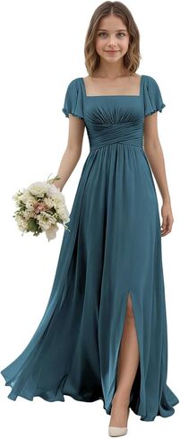 Junior Bridesmaid Dresses with Sleeves for Teen Girls Square Neck Chiffon Kids Formal Dress for Wedding Guest in Saudi Arabia