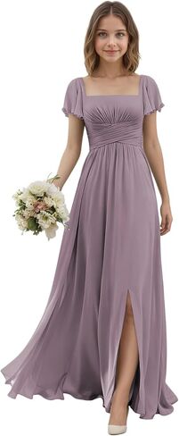 Junior Bridesmaid Dresses with Sleeves for Teen Girls Square Neck Chiffon Kids Formal Dress for Wedding Guest in Saudi Arabia