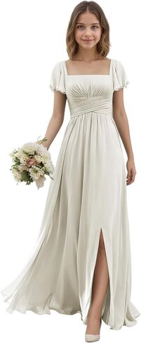 Junior Bridesmaid Dresses with Sleeves for Teen Girls Square Neck Chiffon Kids Formal Dress for Wedding Guest in Saudi Arabia