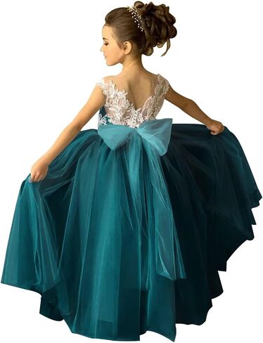Lace Applique Tulle Flower Girl Dress for Wedding Sleeveless Long Satin Bow Knot V-Back Elegant Formal Dresses in Saudi Arabia