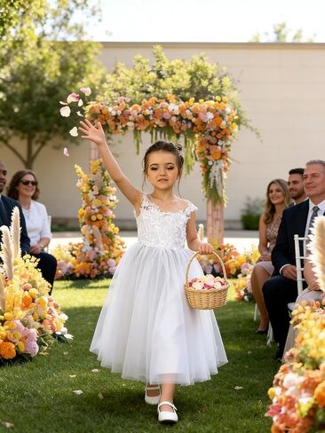 Lace Applique Tulle Flower Girl Dress for Wedding Sleeveless Long Satin Bow Knot V-Back Elegant Formal Dresses in Saudi Arabia