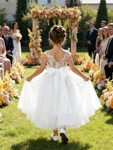 Lace Applique Tulle Flower Girl Dress for Wedding Sleeveless Long Satin Bow Knot V-Back Elegant Formal Dresses in Saudi Arabia