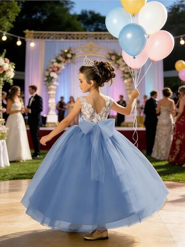 Lace Applique Tulle Flower Girl Dress for Wedding Sleeveless Long Satin Bow Knot V-Back Elegant Formal Dresses in Saudi Arabia