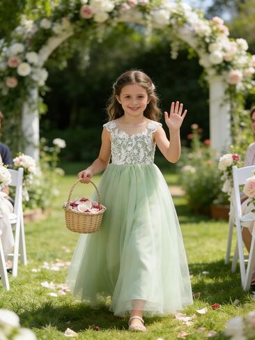 Lace Applique Tulle Flower Girl Dress for Wedding Sleeveless Long Satin Bow Knot V-Back Elegant Formal Dresses in Saudi Arabia