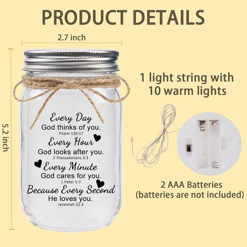 Christian Mason Jar Night Lights Gifts for Christians Women Faith Bible Religious Catholic Spiritual Gift for Women Prayer -Every Day God Thinks of You...He Loves You in Saudi Arabia
