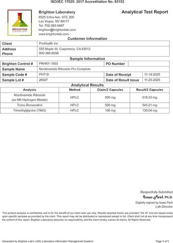 بروهيلث نيكوتيناميد ريبوسيد برو كامل | 60 كبسولة | دعم NAD+ الشامل | 500 مجم نيكوتيناميد ريبوسيد + 500 مجم ترانس ريسفيراترول + 250 مجم مجموعة طلعت مصطفى | صُنع في الولايات المتحدة الأمريكية، وتم اختباره ثلاث مرات في المعمل in Kuwait