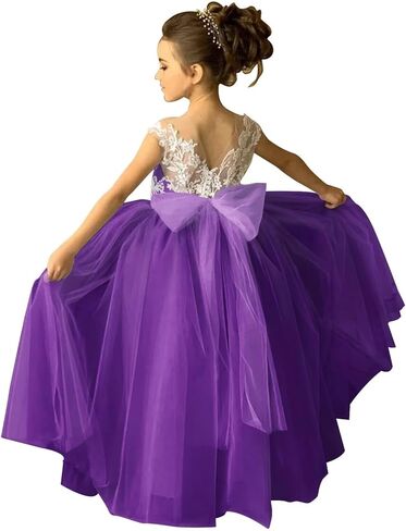 Lace Applique Tulle Flower Girl Dress for Wedding Sleeveless Long Satin Bow Knot V-Back Elegant Formal Dresses in Saudi Arabia