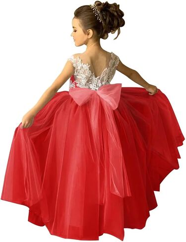 Lace Applique Tulle Flower Girl Dress for Wedding Sleeveless Long Satin Bow Knot V-Back Elegant Formal Dresses in Saudi Arabia