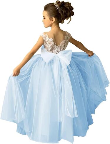 Lace Applique Tulle Flower Girl Dress for Wedding Sleeveless Long Satin Bow Knot V-Back Elegant Formal Dresses in Saudi Arabia