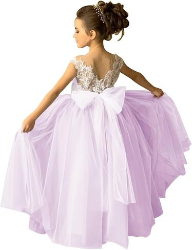 Lace Applique Tulle Flower Girl Dress for Wedding Sleeveless Long Satin Bow Knot V-Back Elegant Formal Dresses in Saudi Arabia