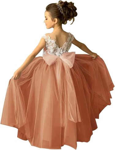 Lace Applique Tulle Flower Girl Dress for Wedding Sleeveless Long Satin Bow Knot V-Back Elegant Formal Dresses in Saudi Arabia