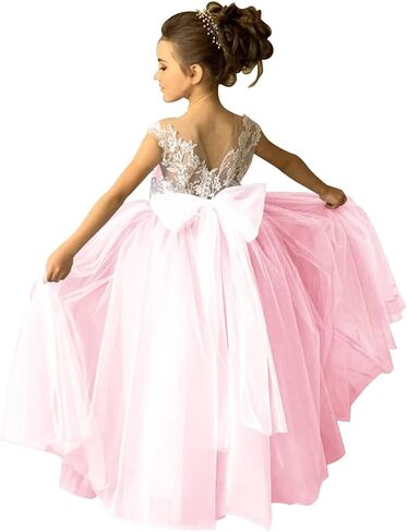 Lace Applique Tulle Flower Girl Dress for Wedding Sleeveless Long Satin Bow Knot V-Back Elegant Formal Dresses in Saudi Arabia