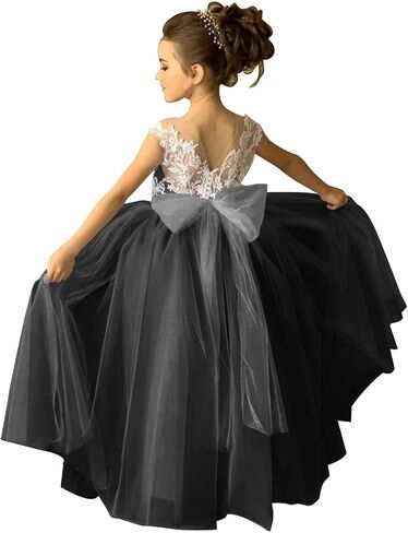 Lace Applique Tulle Flower Girl Dress for Wedding Sleeveless Long Satin Bow Knot V-Back Elegant Formal Dresses in Kuwait