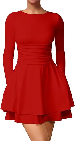 XXTAXN Women's Sexy Crew Neck Long Sleeeve Flowy Hem Cocktail Club Corset Mini Dress with Side Pocket in Saudi Arabia