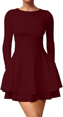 XXTAXN Women's Sexy Crew Neck Long Sleeeve Flowy Hem Cocktail Club Corset Mini Dress with Side Pocket in Saudi Arabia