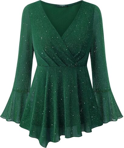 VALOLIA Women Long Sleeve Sparkly Tops V Neck Blouses Dressy Elegant Party Wrap Top in Saudi Arabia