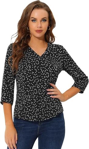 Allegra K 3/4 Sleeve Top for Women's Heart Print V Neck Button-Up Casual Blouse Shirt in Kuwait