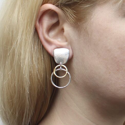 Clip Earring with Layered Ring Drop in Brass and Silver in Saudi Arabia
