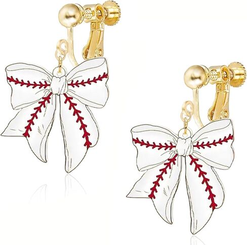 Bow Clip on Earrings for Women, Football Earrings Non Pierced Screw Back for Sensitive Ears, Aretes de Béisbol, Hypoallergenic Baseball Basketball Soccer Fan Sport Game Day Jewelry in Saudi Arabia