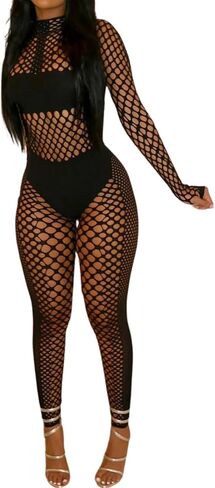 Sexy Fishnet Jumpsuit for Women Long Sleeve See Through Mesh Bodysuit Clubwear One Piece Stretchy Outfit in Saudi Arabia