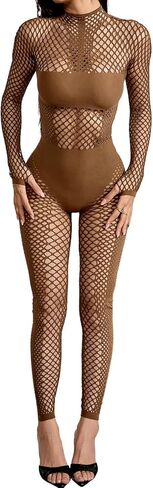 Sexy Fishnet Jumpsuit for Women Long Sleeve See Through Mesh Bodysuit Clubwear One Piece Stretchy Outfit in Saudi Arabia
