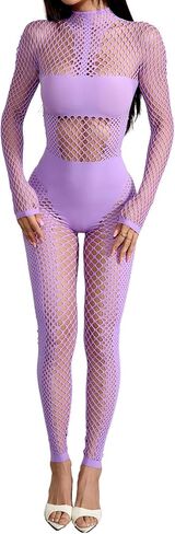 Sexy Fishnet Jumpsuit for Women Long Sleeve See Through Mesh Bodysuit Clubwear One Piece Stretchy Outfit in Saudi Arabia