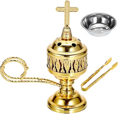 JUXYES Vintage Incense Burner Holder with Ash Catchers and Cross Lid, Metal Censer Antique Charcoal Incense Resin Burner with Tongs, Zinc Alloy Spiritual Aromatherapy Yoga Meditation Retro Home Decor in Saudi Arabia