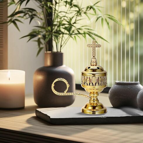 JUXYES Vintage Incense Burner Holder with Ash Catchers and Cross Lid, Metal Censer Antique Charcoal Incense Resin Burner with Tongs, Zinc Alloy Spiritual Aromatherapy Yoga Meditation Retro Home Decor in Saudi Arabia
