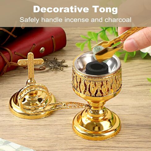 JUXYES Vintage Incense Burner Holder with Ash Catchers and Cross Lid, Metal Censer Antique Charcoal Incense Resin Burner with Tongs, Zinc Alloy Spiritual Aromatherapy Yoga Meditation Retro Home Decor in Saudi Arabia