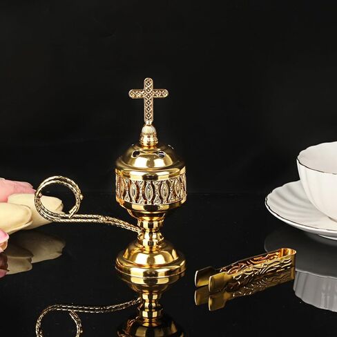 JUXYES Vintage Incense Burner Holder with Ash Catchers and Cross Lid, Metal Censer Antique Charcoal Incense Resin Burner with Tongs, Zinc Alloy Spiritual Aromatherapy Yoga Meditation Retro Home Decor in Saudi Arabia