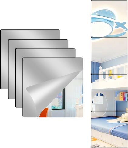4 Pack Acrylic Mirrors for Wall,8 x 8 Inch Self Adhesive Frameless Small Mirror Tiles, Flexible Plastic Mirror Sheets for Bedroom Home Gym Door (8"X8"-4Pcs) in Saudi Arabia