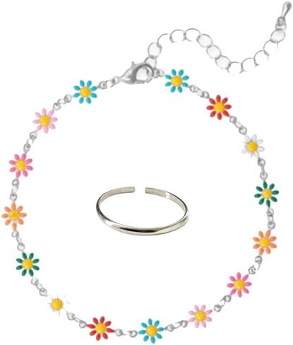 TOE RINGS & THINGS Colorful Daisy Flower Anklet and Toe Ring Set, Sterling Silver or Gold Fill, 9 Inch Chain, Gift Ready with Organza Bag in Saudi Arabia