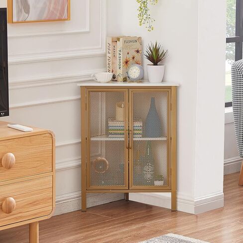 VECELO Corner Cabinet/Table, 3-Tier Display Shelves with Protection Door, Metal Frame Storage Shelf Organizer for Small Space, Living Room, Kitchen, Bathroom in Saudi Arabia