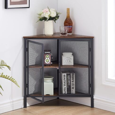 VECELO Corner Cabinet/Table, 3-Tier Display Shelves with Protection Door, Metal Frame Storage Shelf Organizer for Small Space, Living Room, Kitchen, Bathroom in Saudi Arabia