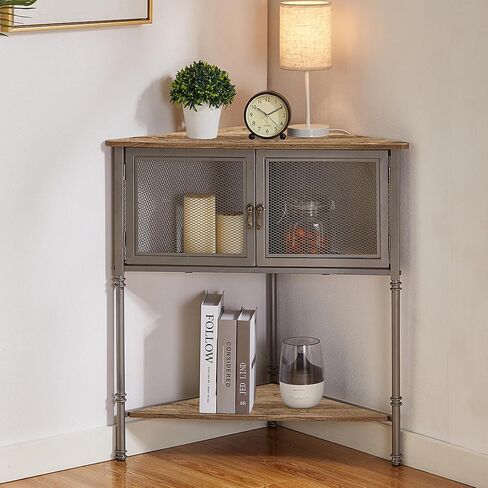 VECELO Corner Cabinet/Table, 3-Tier Display Shelves with Protection Door, Metal Frame Storage Shelf Organizer for Small Space, Living Room, Kitchen, Bathroom in Saudi Arabia