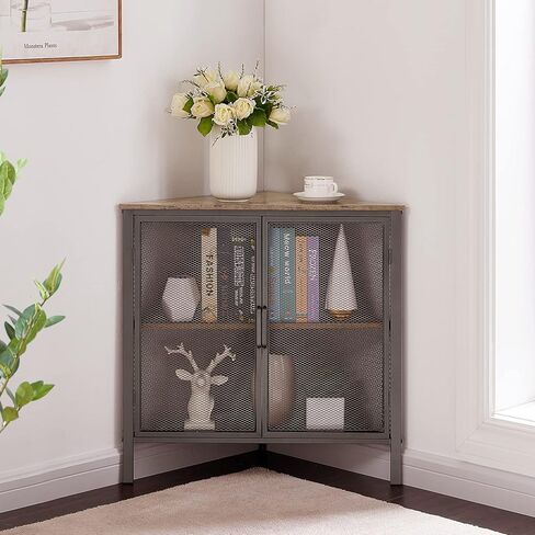 VECELO Corner Cabinet/Table, 3-Tier Display Shelves with Protection Door, Metal Frame Storage Shelf Organizer for Small Space, Living Room, Kitchen, Bathroom in Saudi Arabia