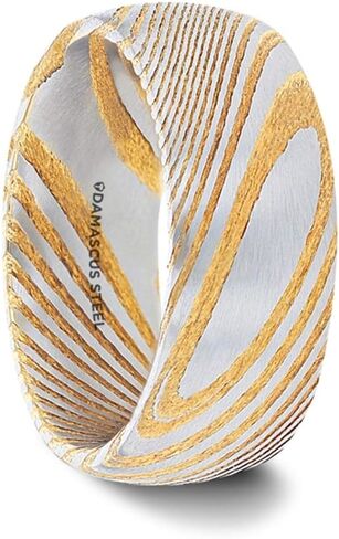 Gold Color Domed Brushed Damascus Steel Men’s and Women's Wedding Band With Vivid Etched Design - 6mm and 8mm - Style name: CERSEI in Saudi Arabia