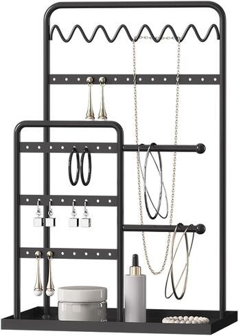 Jewelry Stand Organizer, Jewelry Display with Metal Frame and Tray, Modern Detachable Holder for Necklace, Earring, Bracelet, Ring (Black) in Saudi Arabia
