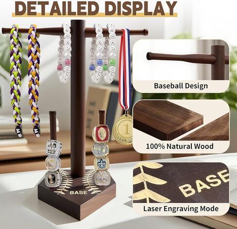 قلادة خشبية للبيسبول/الكرة اللينة وحامل حلقة البطولة - حامل عرض تذكارات رياضية، منظم مجوهرات، هدية للاعبين والمدربين والمروحة in Kuwait