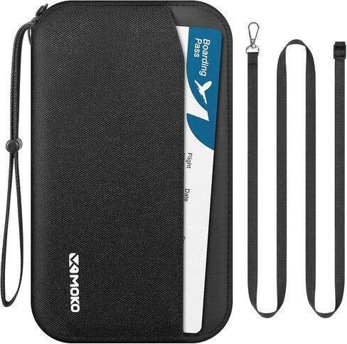 حامل جواز سفر عائلي من MoKo لـ 5 أشخاص مع حزام كتف وحامل AirTag، ومحفظة سفر لجواز السفر تحجب RFID ومنظم مستندات السفر لتذاكر الطائرة والبطاقات والعملات المعدنية والمفاتيح والقلم، أسود in Kuwait
