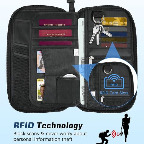 حامل جواز سفر عائلي من MoKo لـ 5 أشخاص مع حزام كتف وحامل AirTag، ومحفظة سفر لجواز السفر تحجب RFID ومنظم مستندات السفر لتذاكر الطائرة والبطاقات والعملات المعدنية والمفاتيح والقلم، أسود in Kuwait