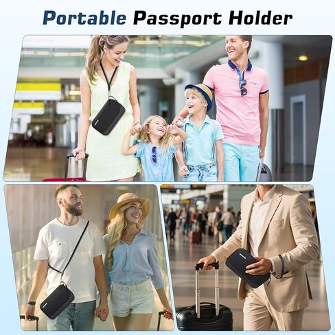 حامل جواز سفر عائلي من MoKo لـ 5 أشخاص مع حزام كتف وحامل AirTag، ومحفظة سفر لجواز السفر تحجب RFID ومنظم مستندات السفر لتذاكر الطائرة والبطاقات والعملات المعدنية والمفاتيح والقلم، أسود in Kuwait