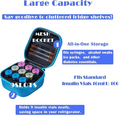 حافظة تخزين حامل ثلاجة الأنسولين، حامل واقي قارورة الأنسولين، منظم حقيبة سفر مبرد الأنسولين يناسب قوارير U-100 القياسية سعة 10 مل، 9 فتحات، أزرق (9 فتحات) in Kuwait