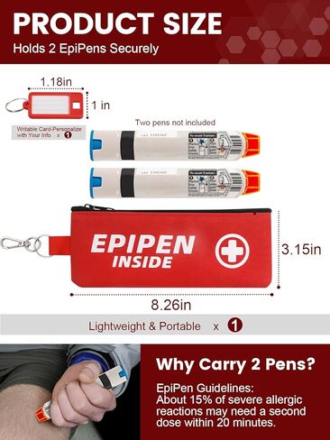 حقيبة حمل Epipen لـ 2 EpiPens تتوهج في الظلام، حقيبة حامل Epipen مع حلقة تسلق وبطاقة قابلة للكتابة، حقيبة Epipen للسفر مقاومة للماء للحساسية والربو والرياضة وحالات الطوارئ الخارجية (أحمر) in Kuwait
