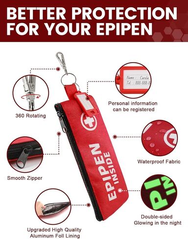 حقيبة حمل Epipen لـ 2 EpiPens تتوهج في الظلام، حقيبة حامل Epipen مع حلقة تسلق وبطاقة قابلة للكتابة، حقيبة Epipen للسفر مقاومة للماء للحساسية والربو والرياضة وحالات الطوارئ الخارجية (أحمر) in Kuwait