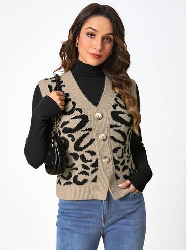 Women's Leopard Print Sweater Vest Button Down V Neck Sleeveless Knit Dressy Casual Vest Top in Saudi Arabia